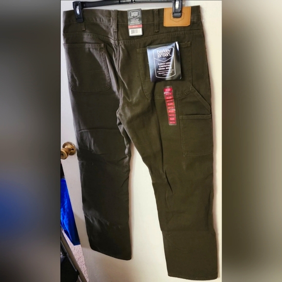 Mens Olive Green Fleece Lined Carpenter Denim Jeans Relaxed Straight Leg 36w×34L - Picture 9 of 11